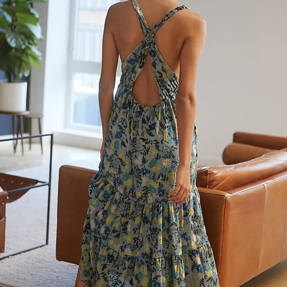 Anthropology velvet Floral Dress with Crisscross Back - Blues/Greens